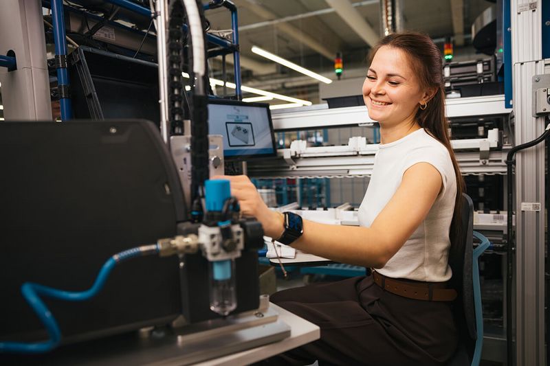 Mitarbeiterin bedient eine Präzisionsmaschine im Apollo TechCentre.